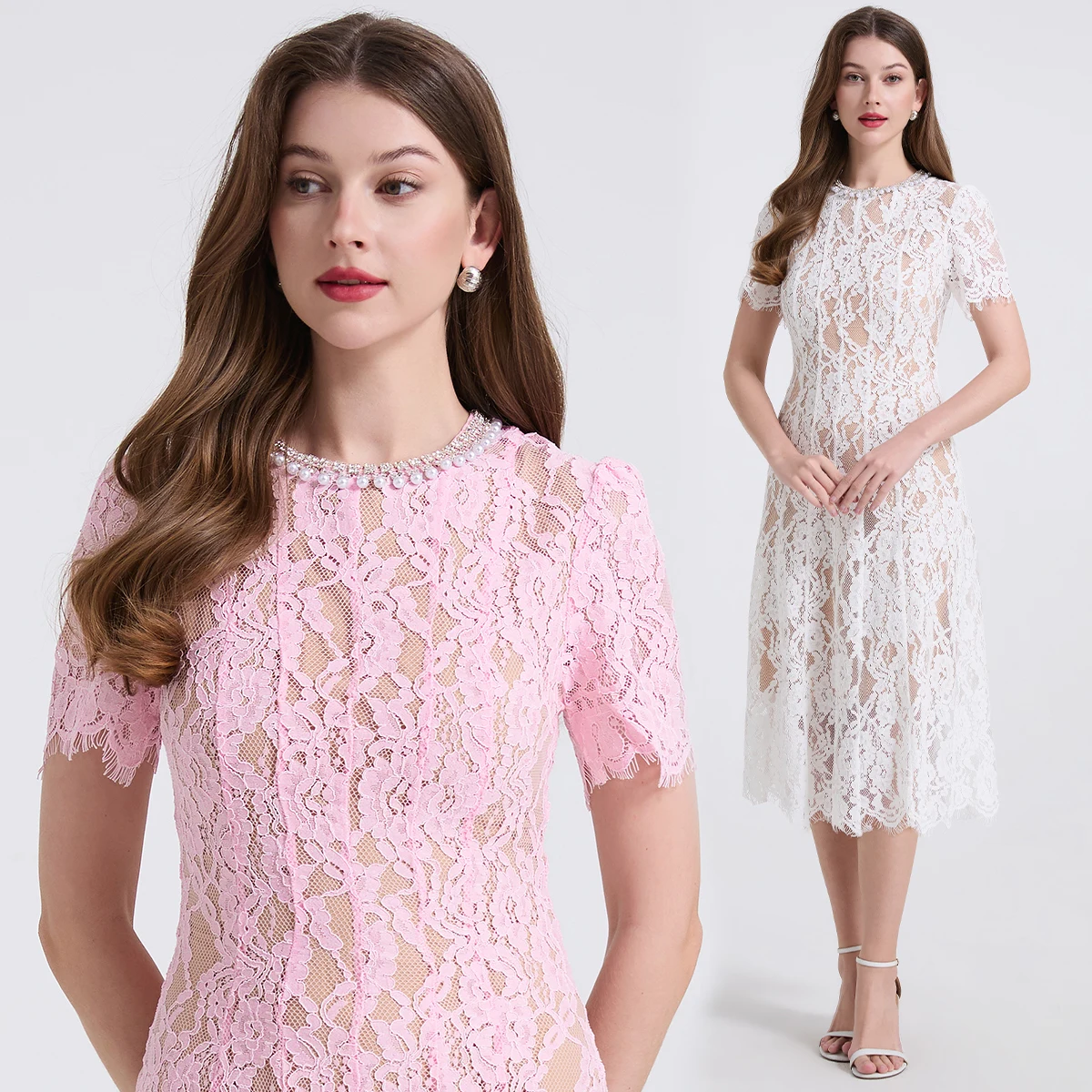 

Vintage White Lace Dress with Flower Embroidery Crystal Beaded O-Neck Short Sleeve Hollow out Pearls And Diamonds Women's Party