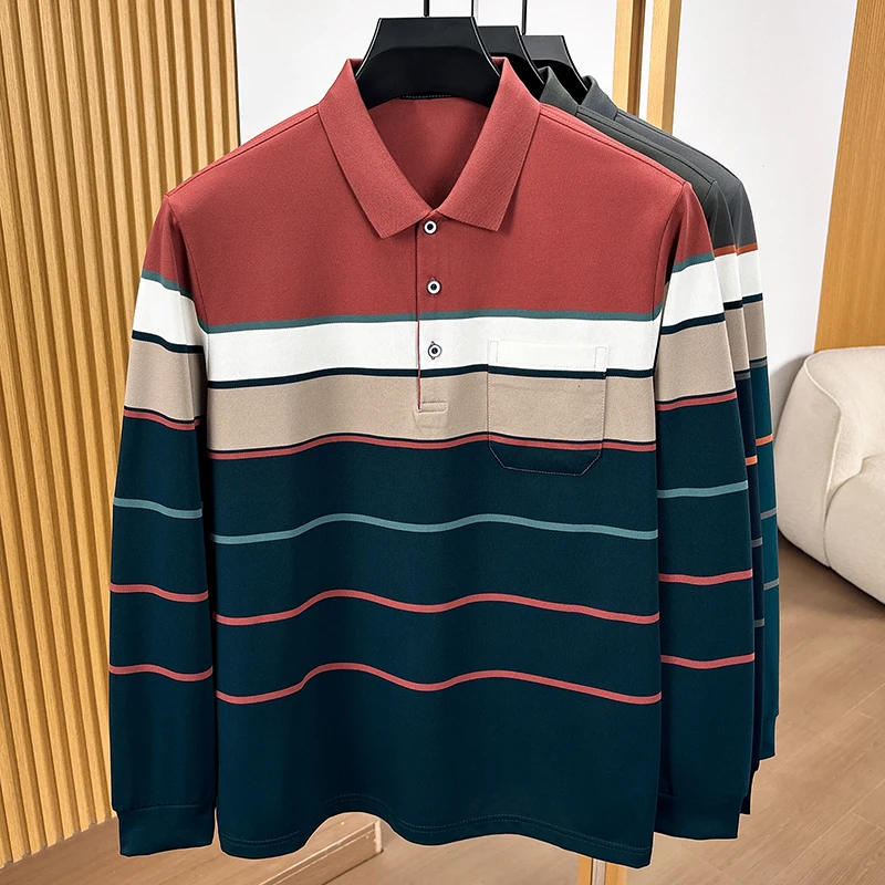 Fashion color blocked striped long sleeve polo shirt men autumn high-end pocket design comfortable business casual Lapel T-shirt