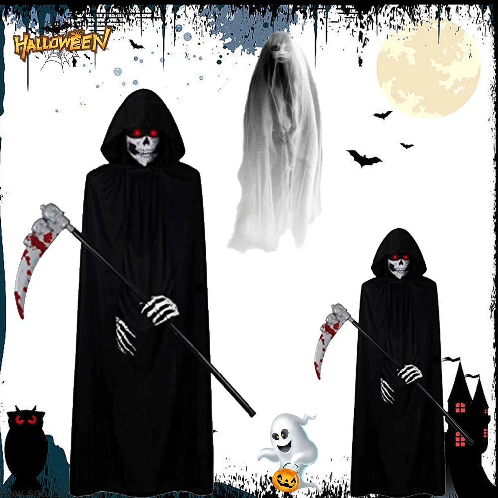 

Scary Halloween Ghost Reaper Costume Hooded Cape Skull Mask Gloves Scythe Set Adult Kids Horror Grim Reaper Halloween Decoration