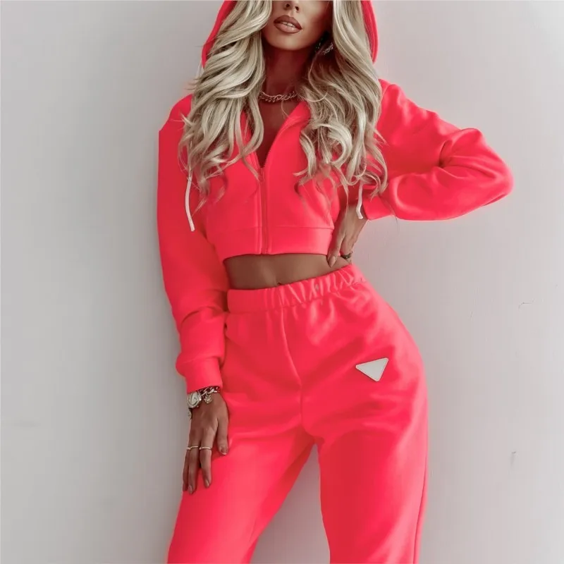 

2025 Solid Color Oversize Hooded Zipper Jogger Set with Utility Pockets Comfy Streetwear Long Sleeve Sweatshirt Outfit for Women