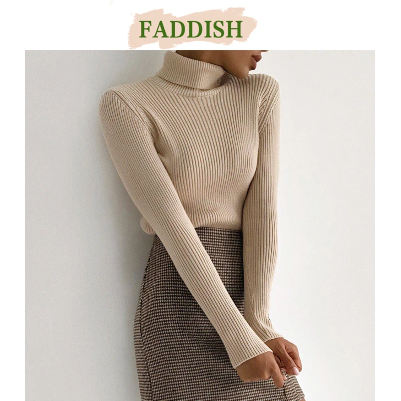 FADDISH 2024 New Autumn Winter Women Solid Warm Turtleneck Sweaters Female Casual Slim Long Sleeve Knitted Pullover Tops Ladies