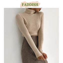 FADDISH 2024 New Autumn Winter Women Solid Warm Turtleneck Sweaters Female Casual Slim Long Sleeve Knitted Pullover Tops Ladies