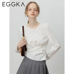 EGGKA Vintage French O-neck Blouse Side Bow Irregular Long-sleeved Shirt 2024 Autumn Women's Casual Blouse Commuter White Shirts