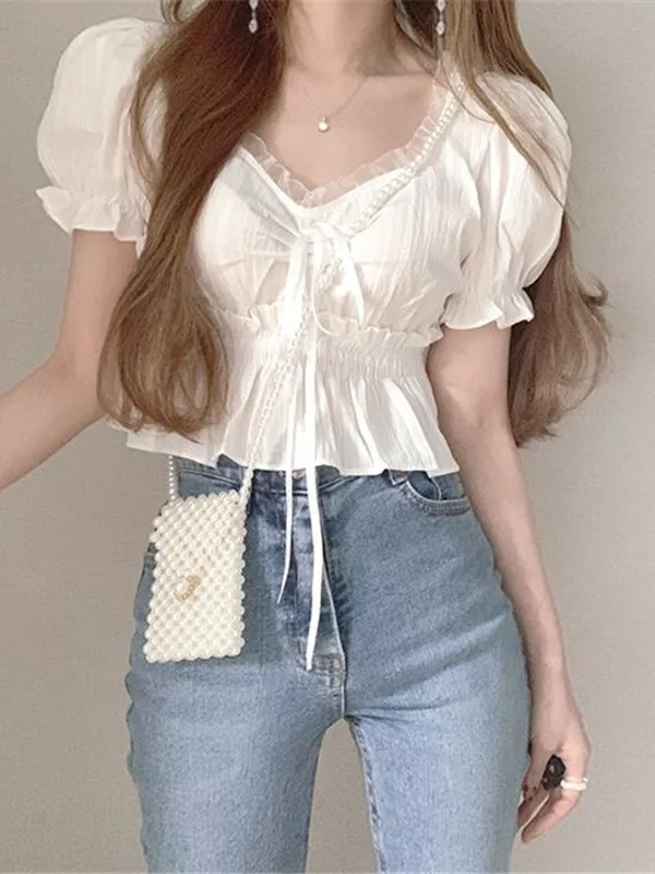 

Chic Korean Style V-Neck Ruffle Patchwork Shirt Women's Summer New Small Size Bubble Sleeve Short Top Trendy Cotton Blouse