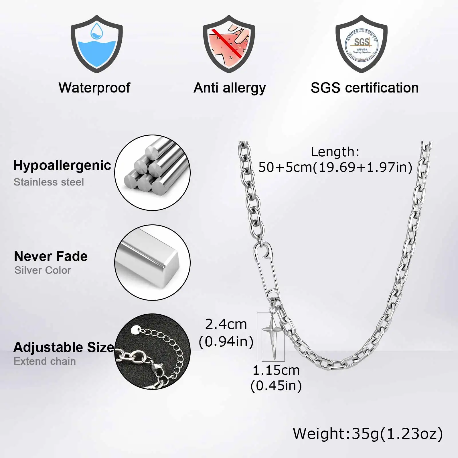 Hip-Hop-Spleißketten-Halskette für Männer und Jungen, Edelstahl-Büroklammer mit Vierpunkt-Stern-Anhänger, Punk-Streetwear-Schmuck – Detail 1