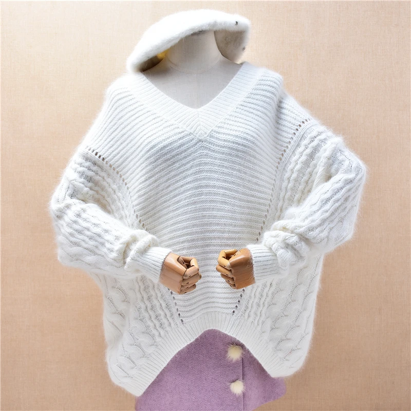 

Ladies Women Autumn Winter Thick Warm White Hairy Angora Rabbit Hair Knitted Jacquard V-Neck Long Sleeves Loose Pullover Sweater