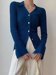 Autumn Knitted Cardigan Women Korean Fashion Polo Collar Sweater Office Ladies Elegant Long Sleeve Single Breasted Slim Knitwear