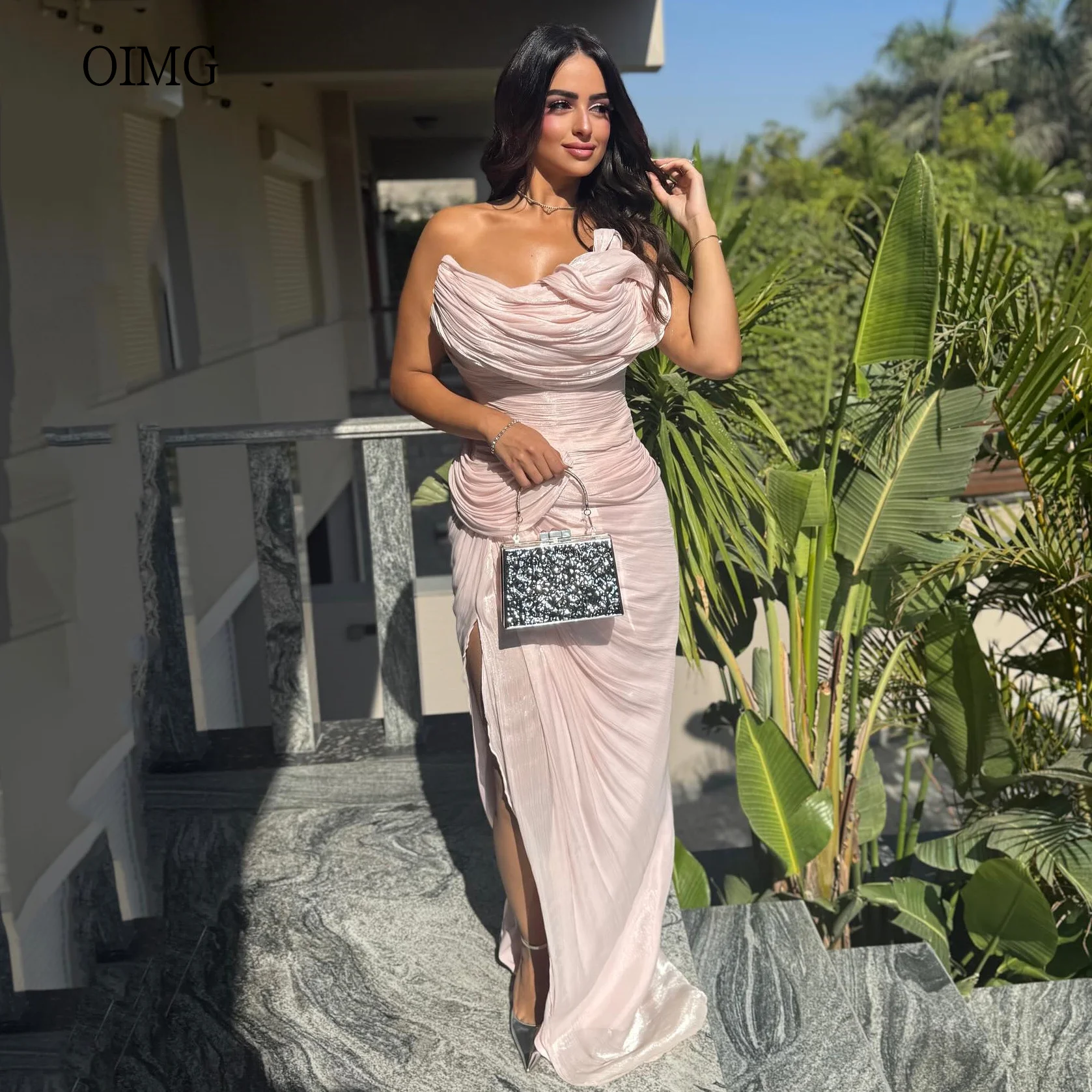 

OIMG Elegant Pink Strapless vivaldi Mermaid Prom Gowns Backless Pleated Party Gown Shiny Floor Length Evening Dress Customized