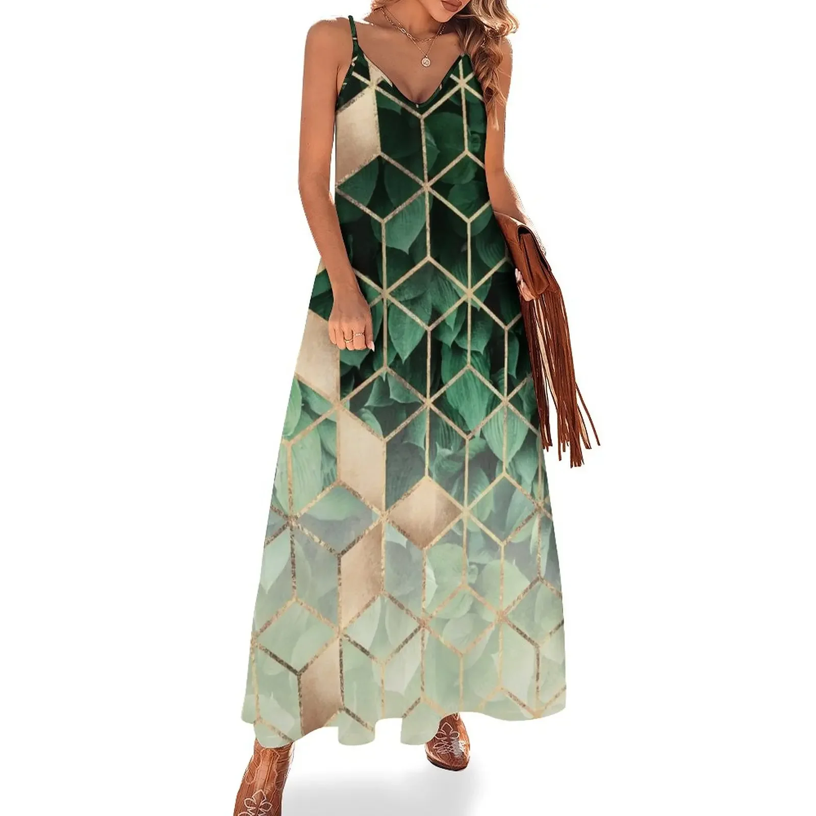 

Leaves And Cubes Sleeveless Dress women formal occasion dresses Party dresses Women's clothing