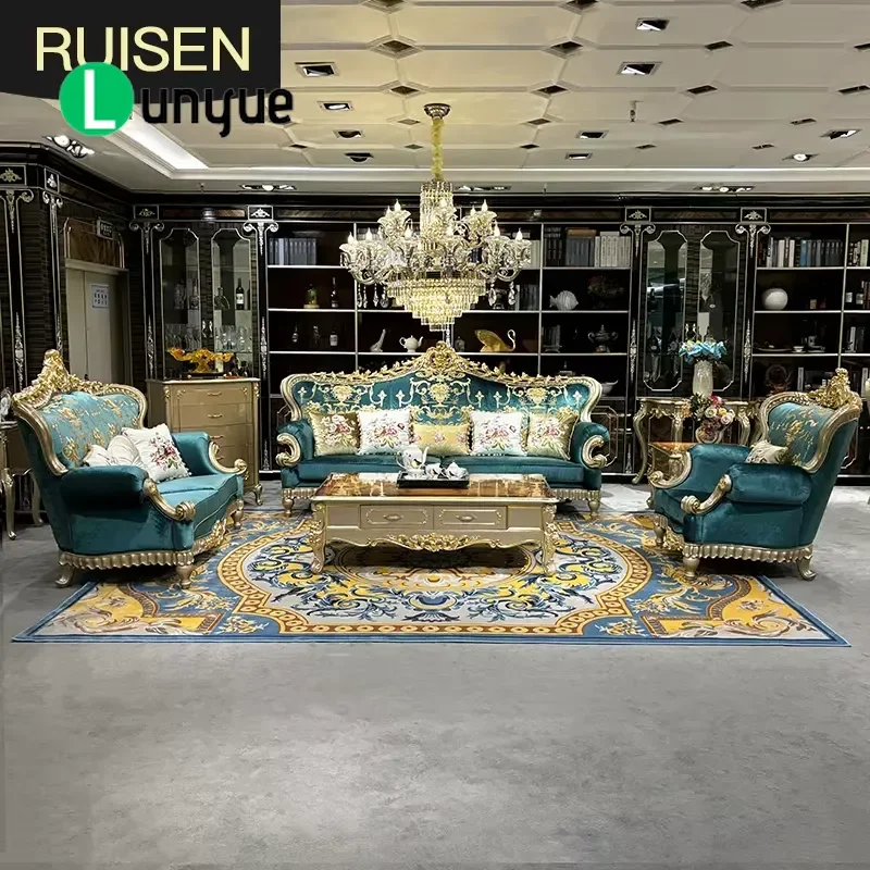 French Style Sofa Set Embroidered Fabric Wood Carving Pattern Luxury Villa Estate Living Room Furniture Elegant Design