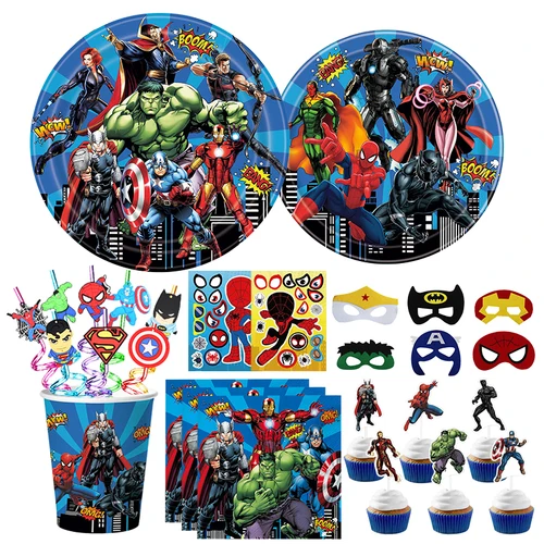 어벤져스 생일 장식 식기 세트, 풍선 배너 배경 빨대 마스크, 마블 슈퍼 히어로 헐크, 어린이 파티 용품 