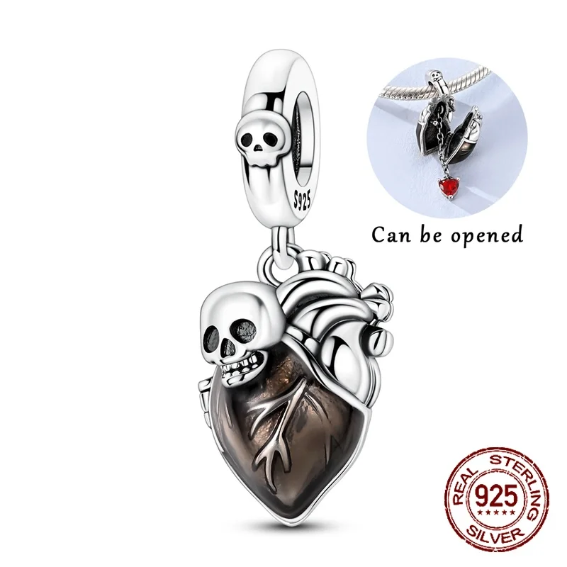 925 Sterling Silver Openable Anatomical Heart & Skull Dangle Charm Bead Gothic Locket Style Fit Bracelets Jewelry Gift for Women