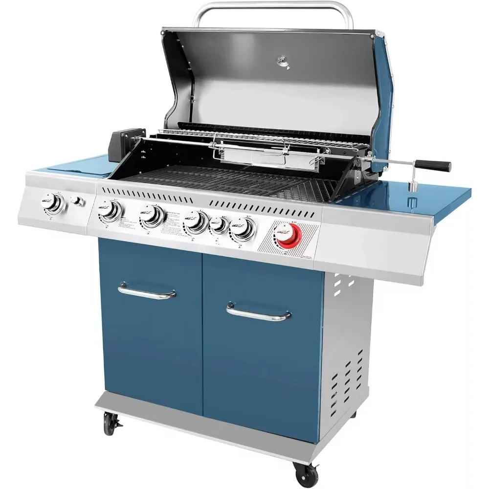 

BBQ Grills BBQ Rotisserie Kit Sear Burner Rear Burner and Side Burner, Patio Picnic Backyard Blue Propane Grills Gas Grills