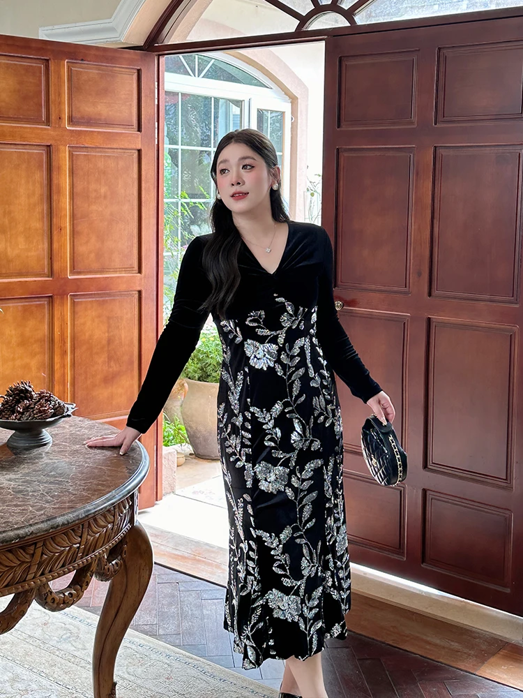 

Изысканное бархатное платье для полных женщин с пайетками и цветочным узором, комфортное, винтажное, стройнящее фигуру...