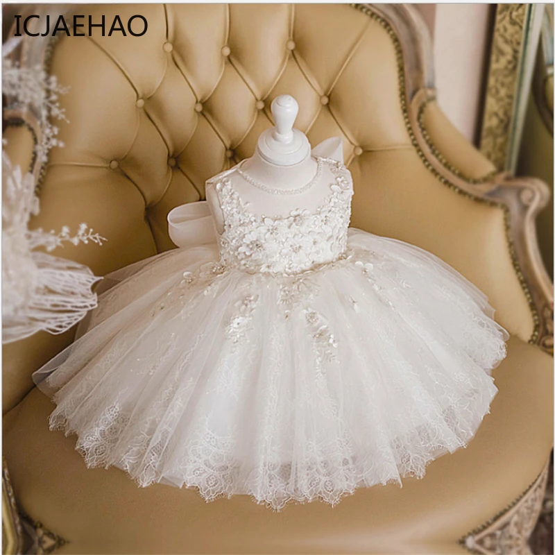 

ICJAEHAO 1st Birthday Party Wedding Kids Dresses For Girls Matching Lace Flower Princess Baby Toddler Baptism Ball Gown Clothes