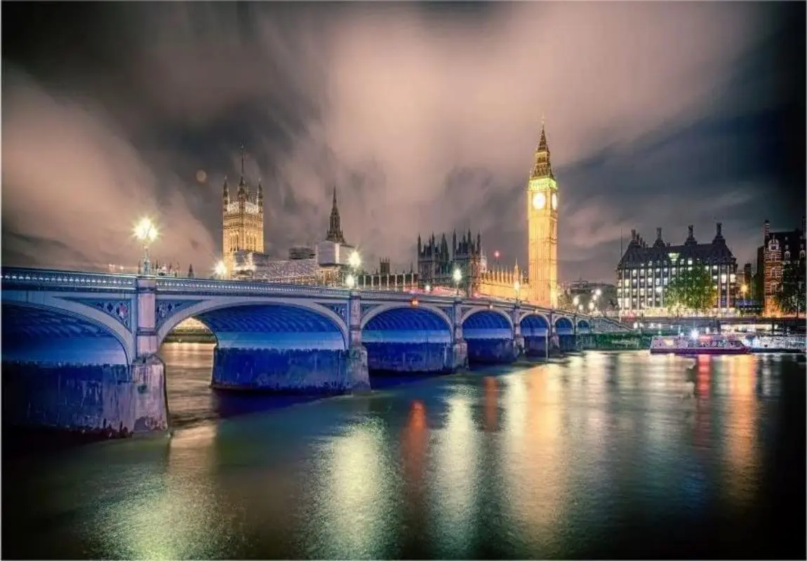 Photography Background London Bridge Big Ben Backdrop Modern City Night View Clock Tower Lights River Landmark Banner Decoration