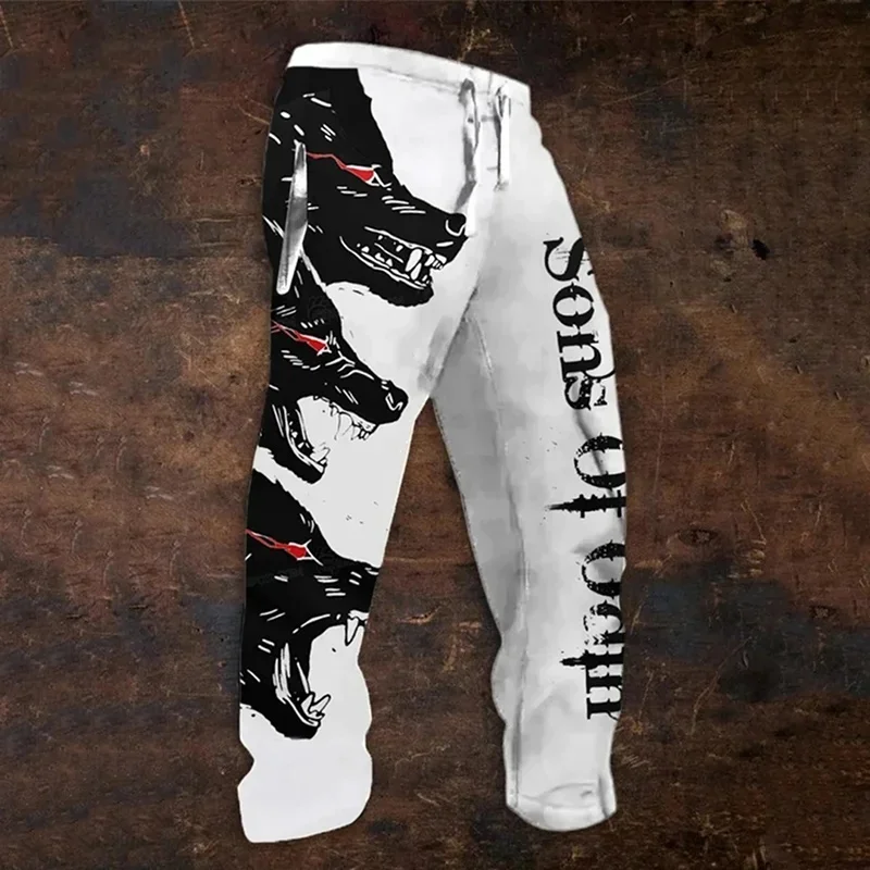 Men's Viking retro Nordic smart wolf 3D printed casual pants drawstring straight leg pants summer beach pants
