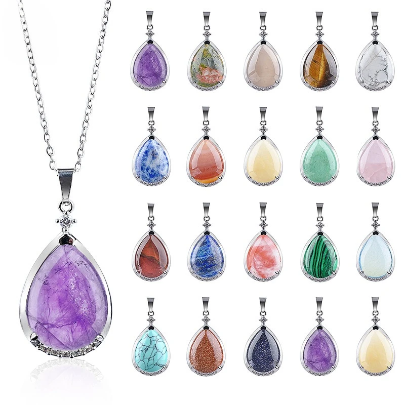 

Natural Stone Pendant Necklace Water Drop Shape Crystal Amethyst Pendant Charms for Women Men Making DIY Jewelry Party Gift