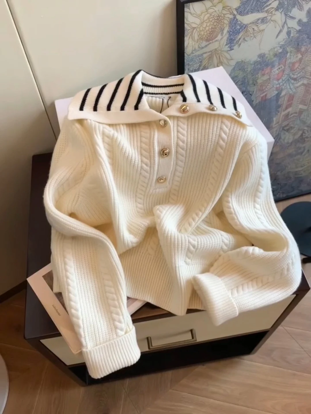 Suéter de punto elegante francés para mujer, jersey con decoración de botones y cuello azul marino a rayas, Top informal elegante para ir al trabajo 2025