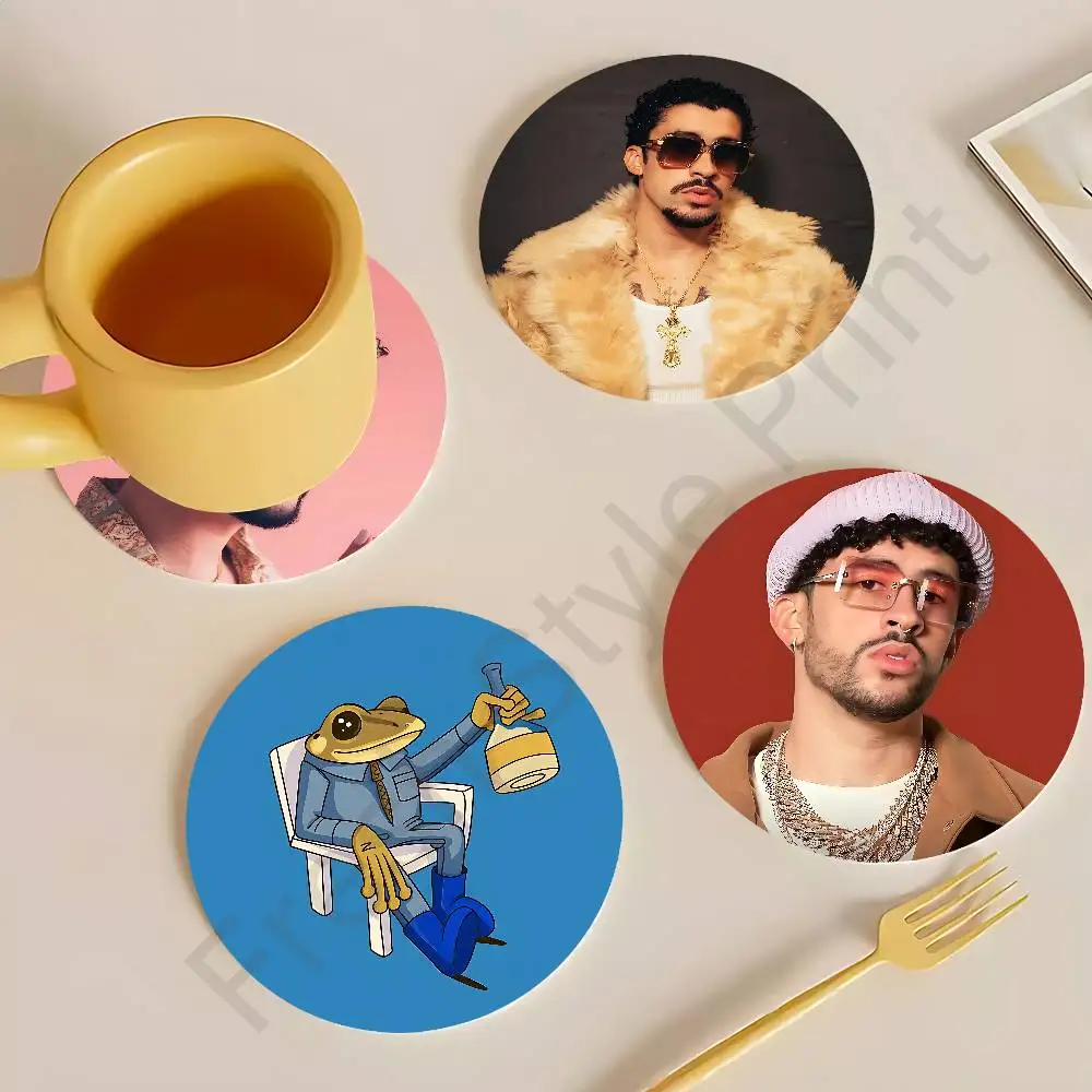 

B-Bad B-Bunnys DTMF Heat Resistant Round Wooden Coasters Non-slip Drink Cafe Decoration 2D Flat Color Print Coasters