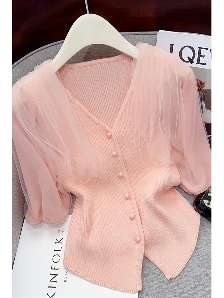 Summer Autumn Women Solid Color Cardigan Tops Sweater Old Money V-Neck Short Sleeve Knitwear French Vintage Elegant Jerseys Tees