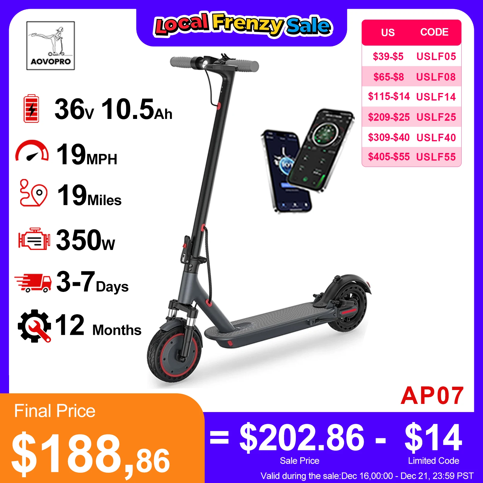 

AOVOPRO AP07 Electric Scooter 10.5Ah 19mph APP Smart Control Scooter 8.5inch 16miles Max Range Double shock absorption for Adult