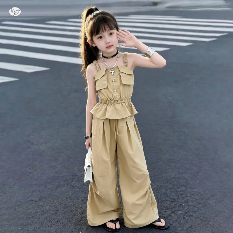 Girls Cargo Style Set 2026 New Middle Big Kids Waist Strapless Top Wide Leg Pants Kids Summer Clothes Two Piece Set