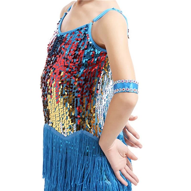 Latin Dance Tassels Dress for Children Girls Sequin Glitter Professional Training Costume Kid Stage Latin Tango Dance Wear 3-15Y