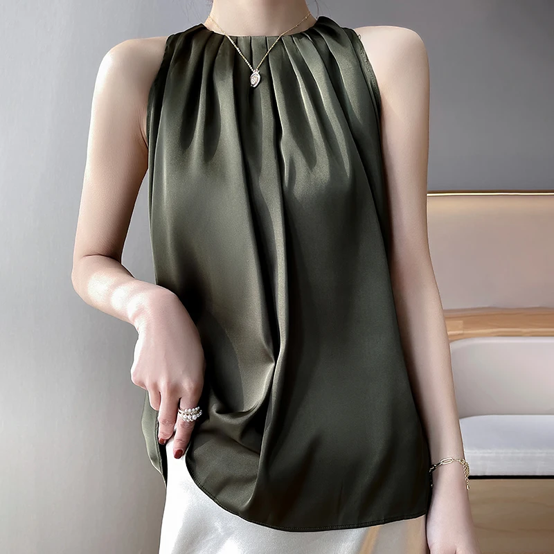 MVLYFLRT Summer New T-shirt Women\'s Inner Layer Loose Hanging Neck Top Silk Smooth Satin Sleeveless Suspended Tank Top Pullover