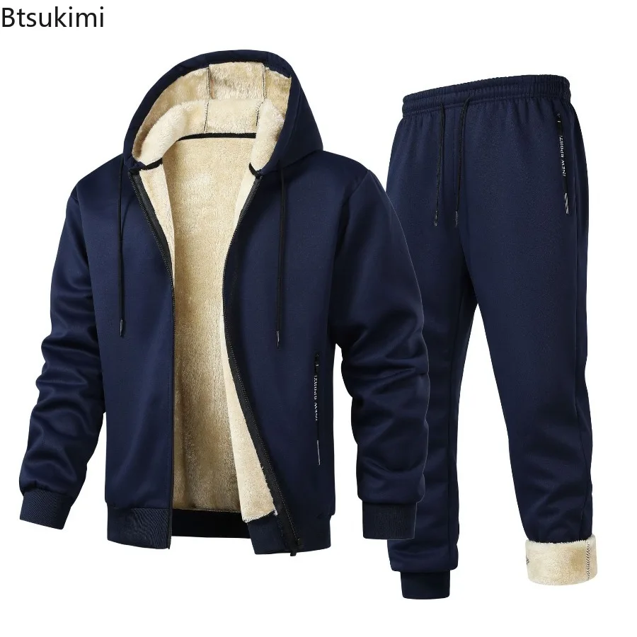 

2026 Men's Tracksuit Sets Warm Lamb Fleece Lining Sweatshirts Thicken Jacket+Pants Sets Autumn Winter Men's Hooded Sport Outfits