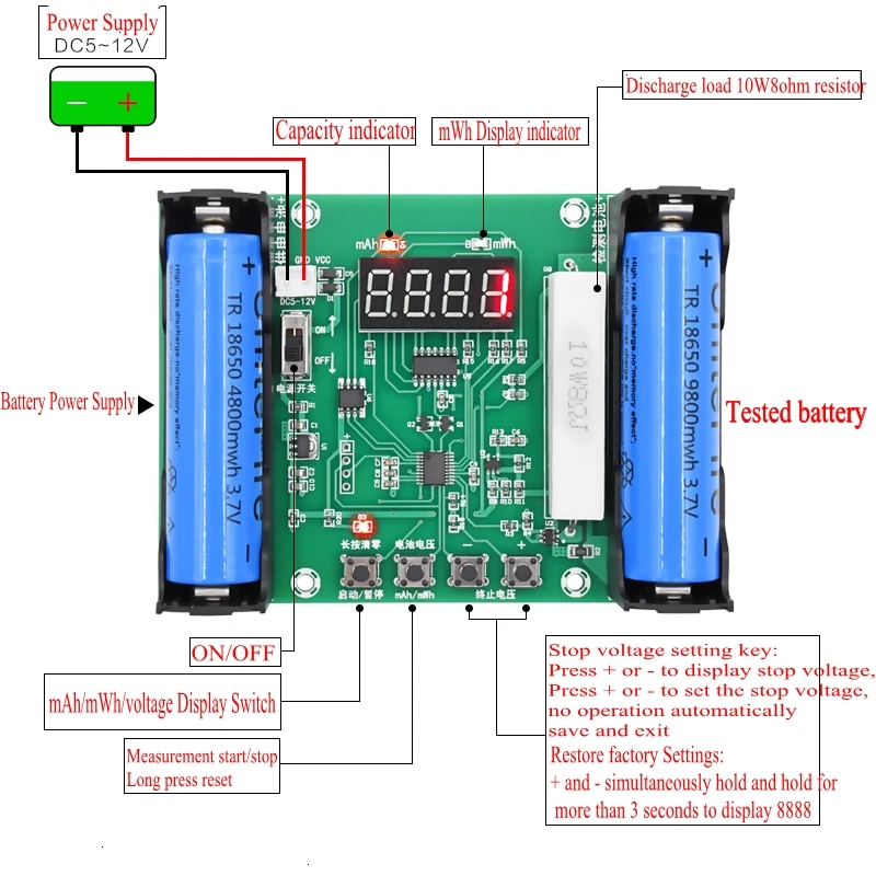 XH-M240 18650 Lithium Battery Capacity Tester MaH Digital Discharge Electronic Load Battery True Capacity Tester