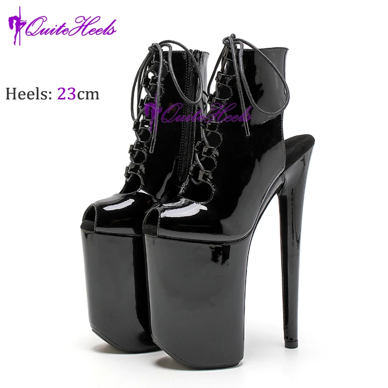 Roman Gladiator 23Cm 9Inches Nightclub Exotic Pole Dancing Shoes Patent PU Leather Peep Toe Lace-Up Stripper Platform Boots