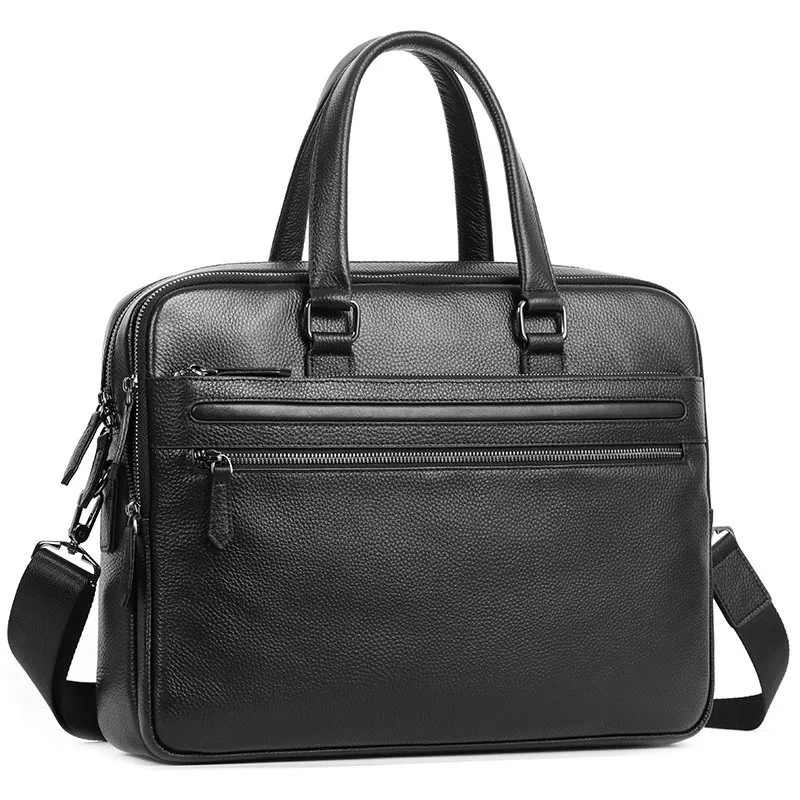 

Men's Large Capacity Leather Briefcase, Genuine Cowhide Tote Bag with Double Zippers, Multi-Compartment Laptop Messenger Bag