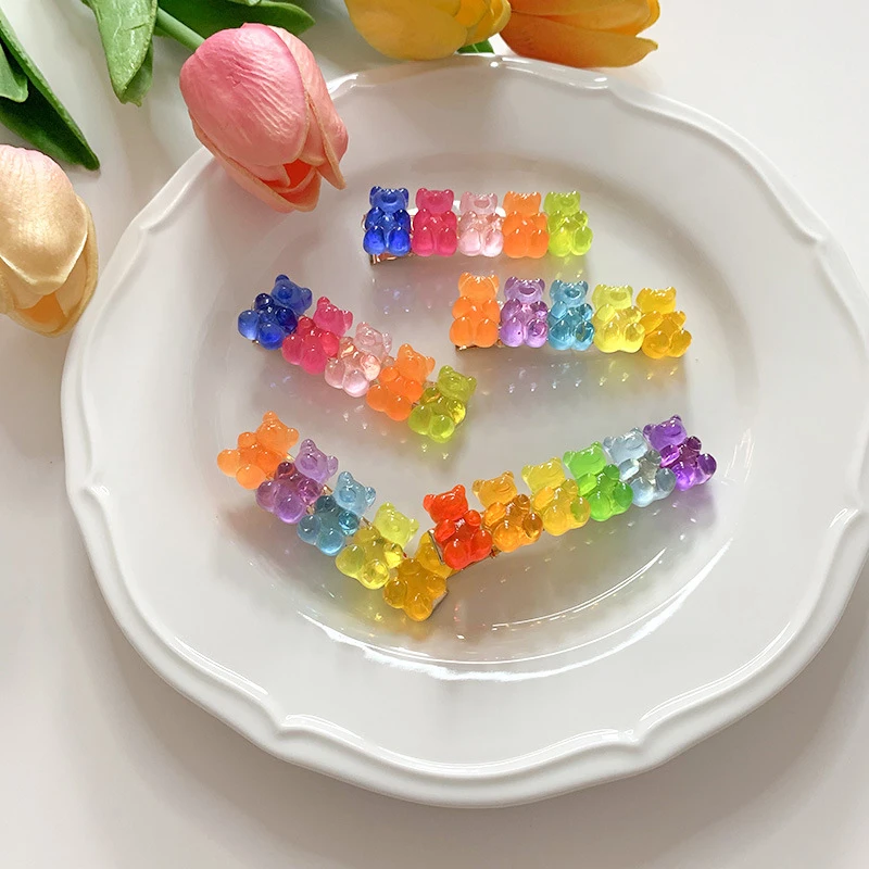 Korean Cute Candy Color Little Bear Barrette Colorful Hair Clip Jelly Color Gummy Headwear Girls Women Hairpin Duckbill Clip