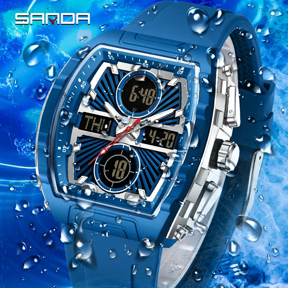 SANDA جديد 6231 ساعة رجالي إلكترونية موضة رقمية متعددة الوظائف ساعة سيليكون مقاوم للماء تاريخ أسبوعي ساعة رجالي