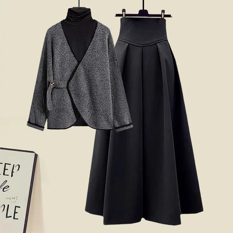 Fall Winter Elegant 3 Pieces Set For Women Outfits Korean Turtleneck Basic Shirts+knitted Cardigans+high Waist A-line Skirts Set