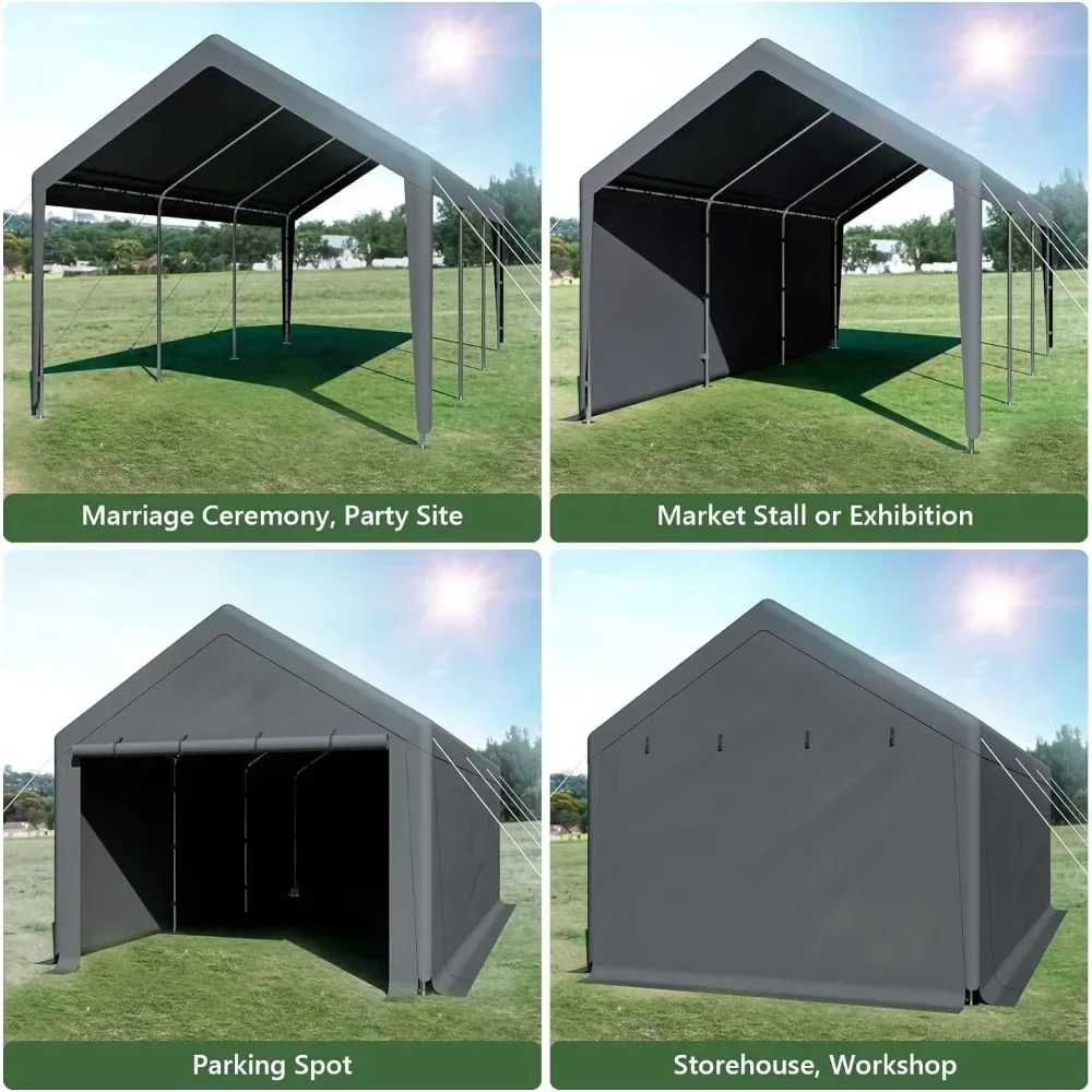 Outdoor Carport 10x20ft Heavy Duty Canopy Storage Shed, przenośny garaż ze zdejmowanymi ścienkami bocznymi i drzwiami, całoroczna plandeka, szara