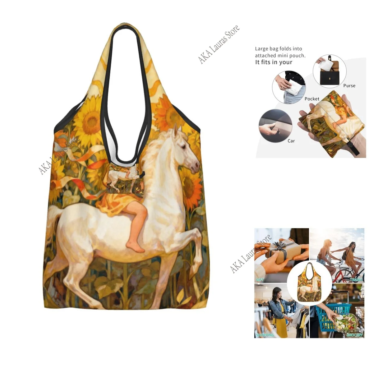 Shopping Bags Women Portable Golden Child Riding Through Sunflowers Big Capacity Grocery Shopper Tote Bags