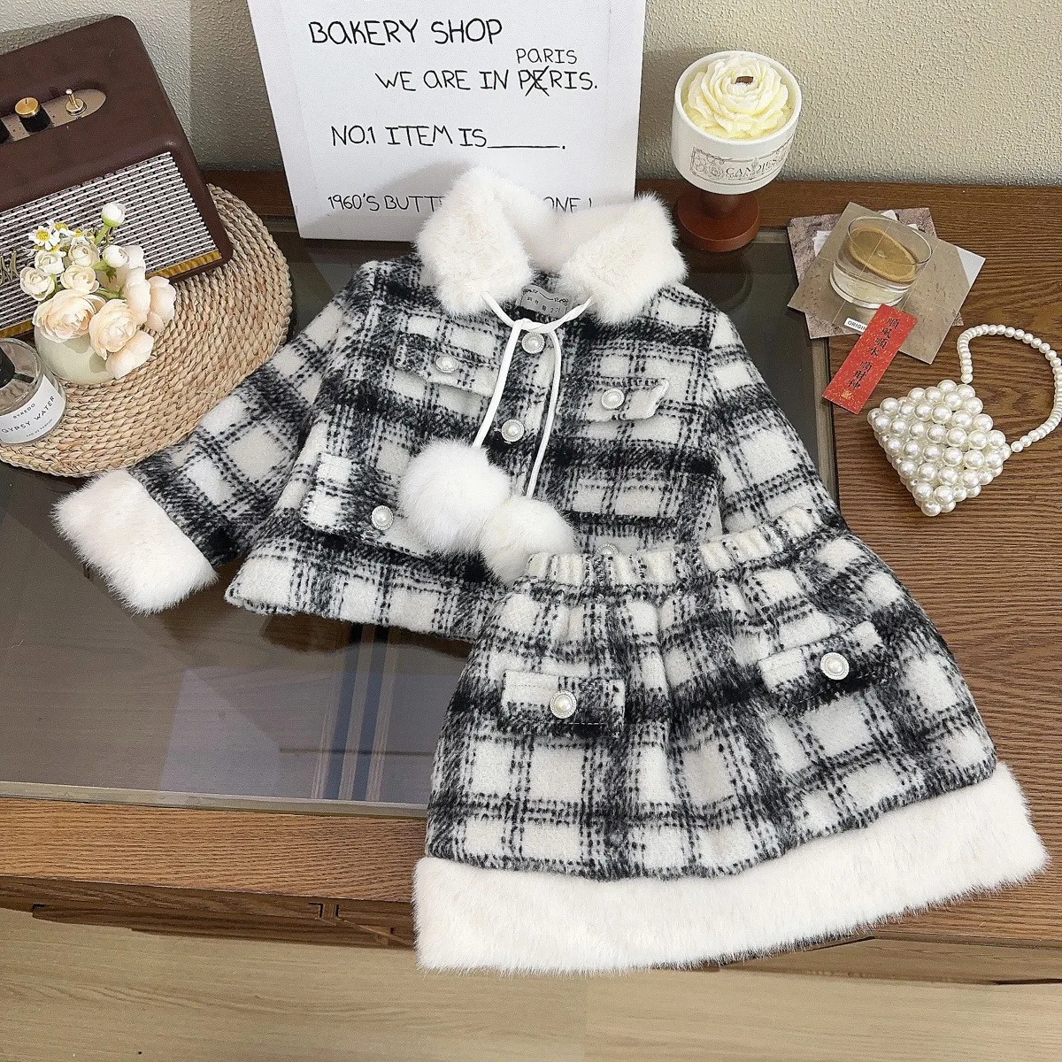 

Winter 2024 Baby Girl 2PCS Clothes Set Detachable Hairy Ball Collar Cotton Plus Velvet Infant Girl Coat Plaid Warm Skirt Outfits