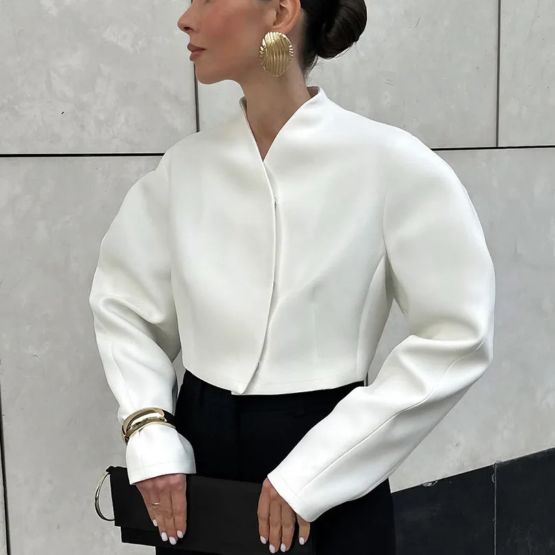 Nouveau 2025 automne mode élégant Simple col en v incurvé à manches longues veste courte ample pour les femmes