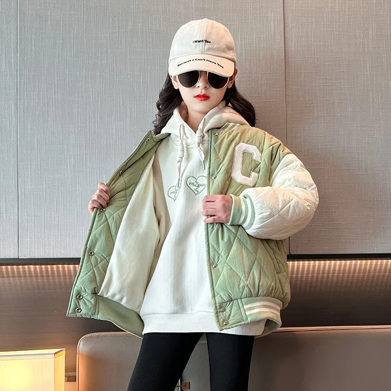 

Korean Winter Children Girl Baseball Cotton Jacket Teenager Girl Contrast Single-breasted Sport Coats School Girl Winter Outwear