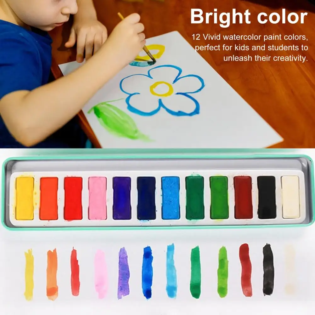 Conjunto de pintura aquarela portátil com pincel, 12 cores, pintura lavável para crianças e iniciantes