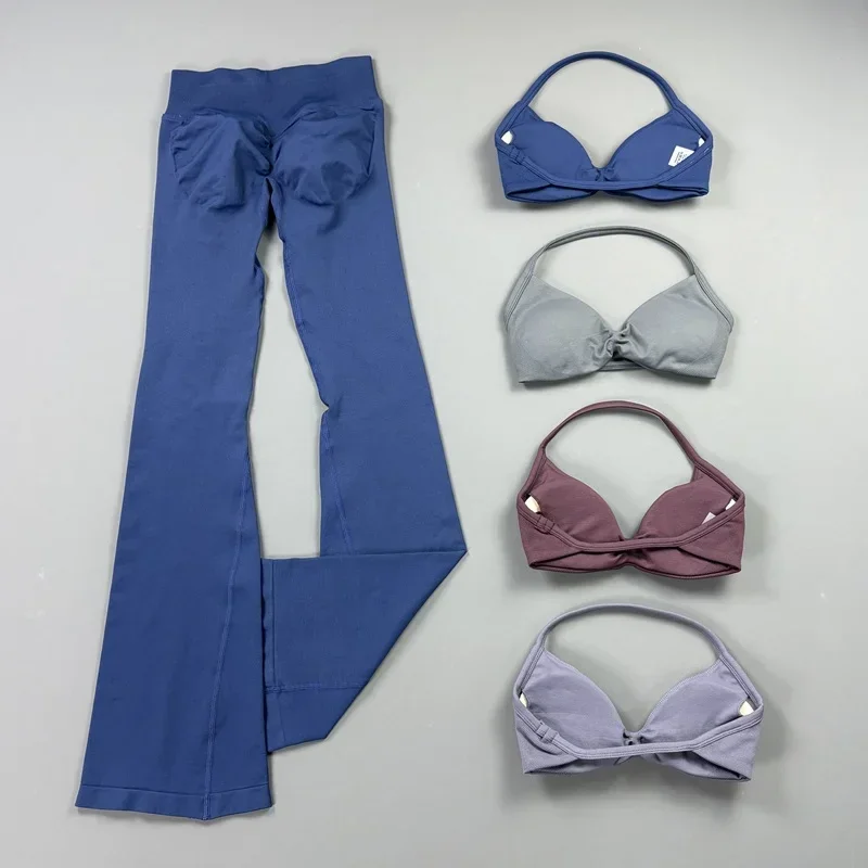 2-teiliges Nahtloses Neckholder-Sport-BH-Set mit Rückenausschnitt und Polsterung, Weiche Weitbeinige Hüftliftende Yoga-Hose, Figurbetontes Fitness-Workout-Set – Detail 5