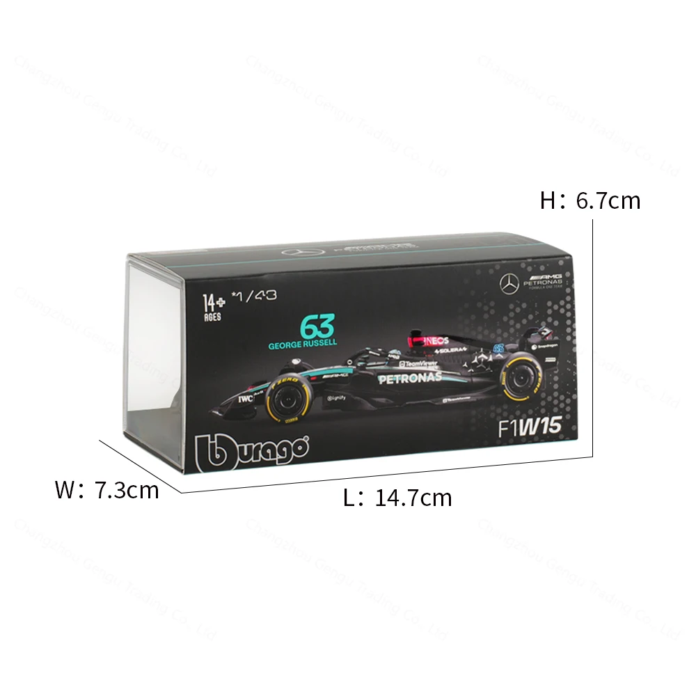 Bburago 1:43 Mercedes AMG 2024 W15 E Performance Static Simulation Diecast Alloy Model F1 Racing Formula Car Acrylic Box