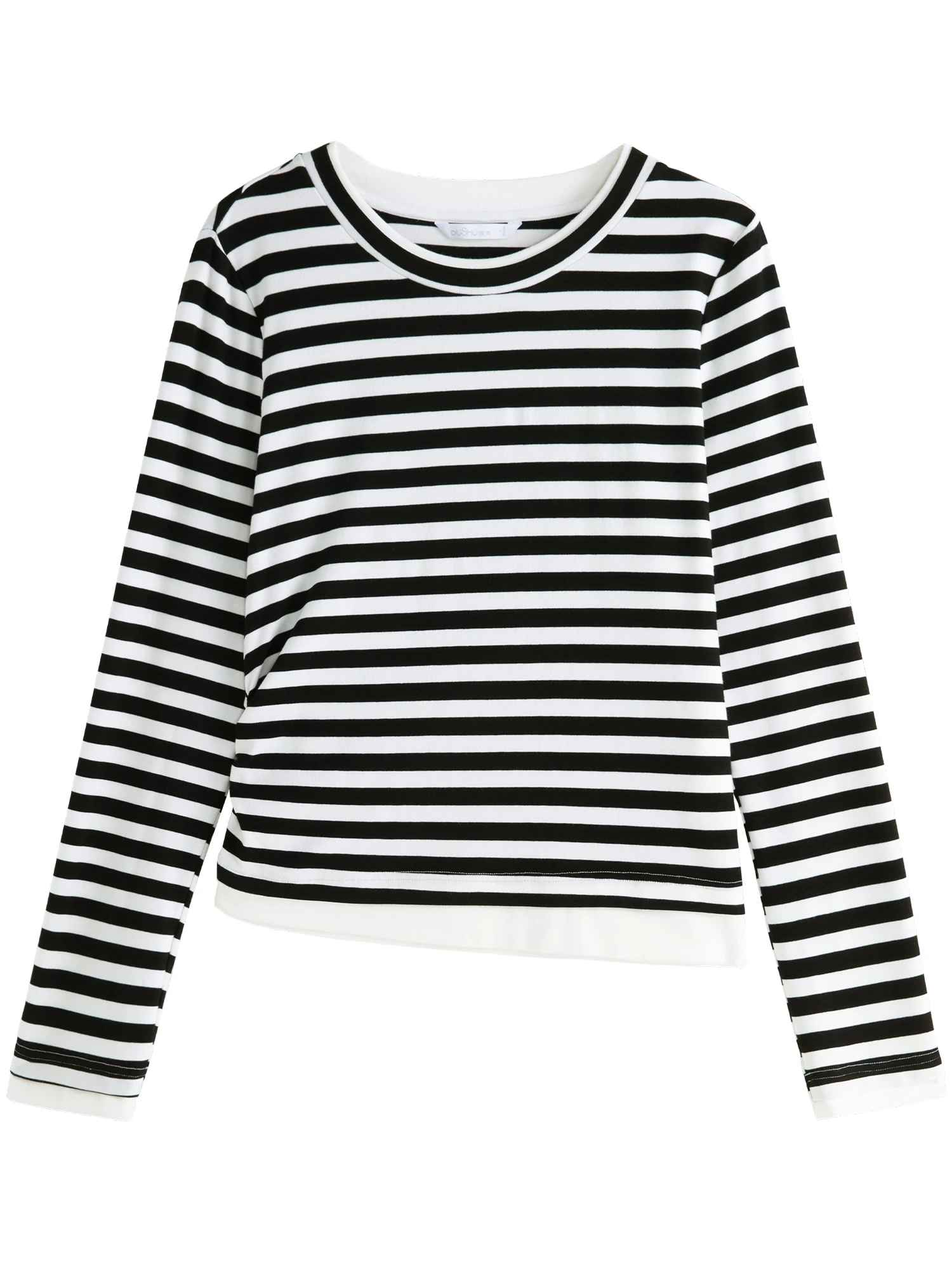 DUSHU Women Long Sleeve Tops Fake Two-pieces Pullover Top  2024 Autumn All-match Stripe T-shirt For Women 24DS83119