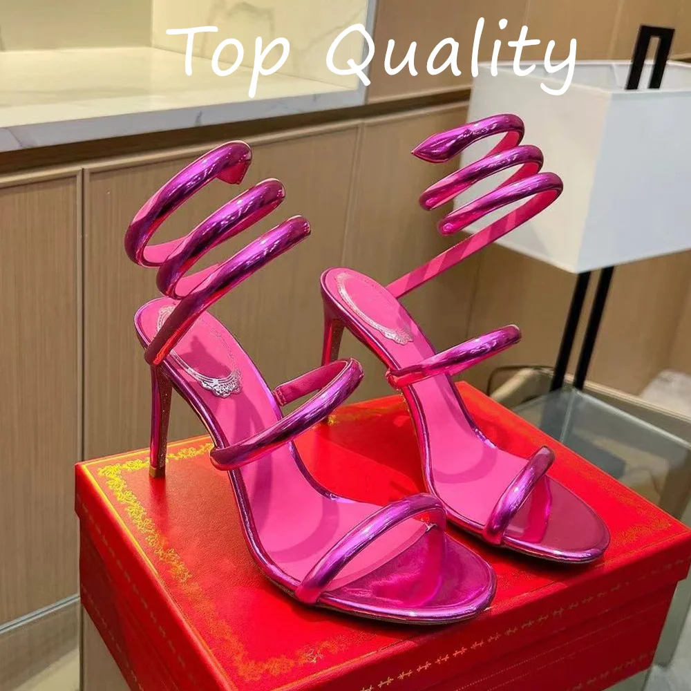 Women's  Stiletto Sandals Thin and high heels Shoe Genuine leather material Ankle Snake Twine Around Wedding Shoes