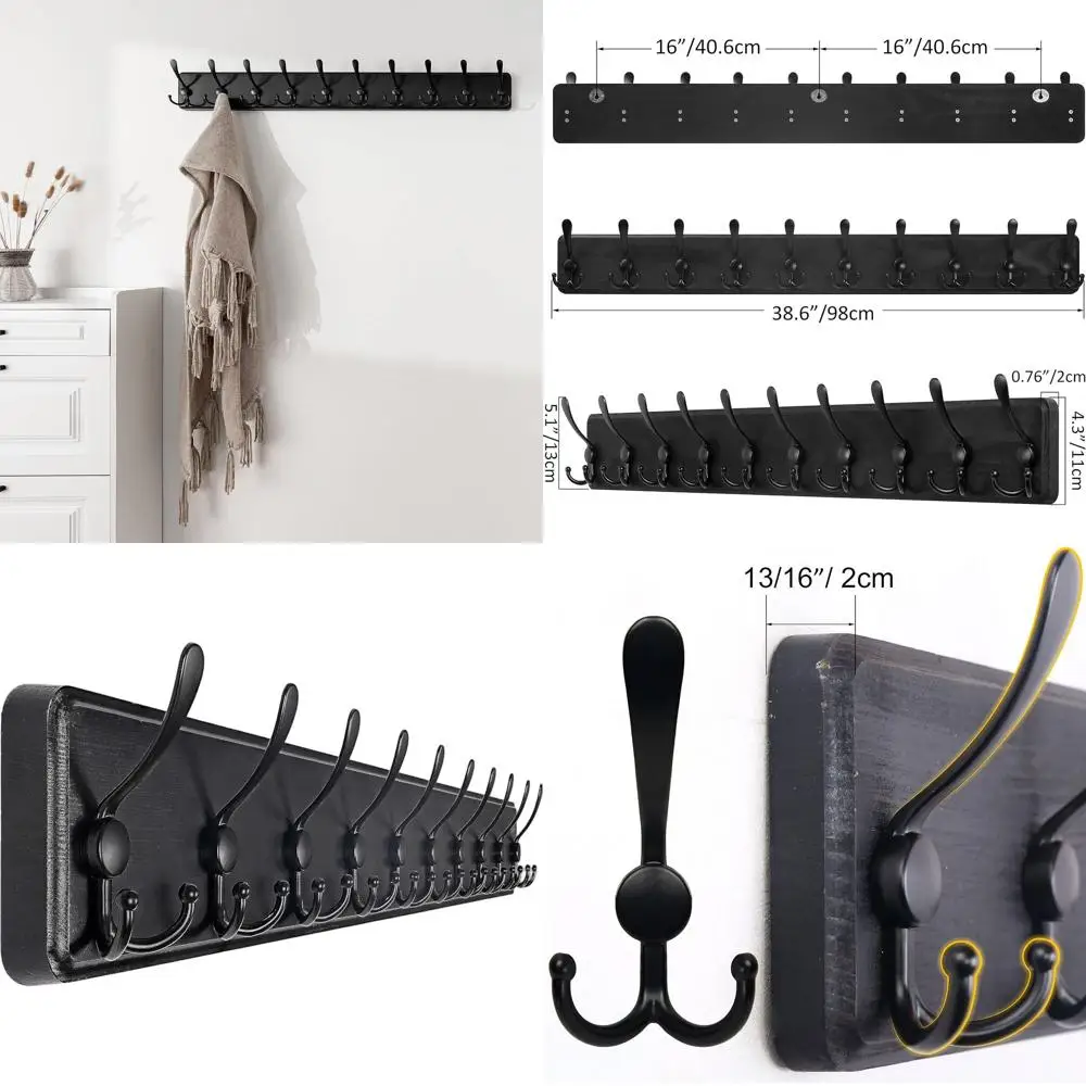 

Rustic Wooden Wall-Mounted Coat Rack with 10 Hooks, 38.3 Long, Heavy Duty, for Hanging Clothes & Hats (Black)
