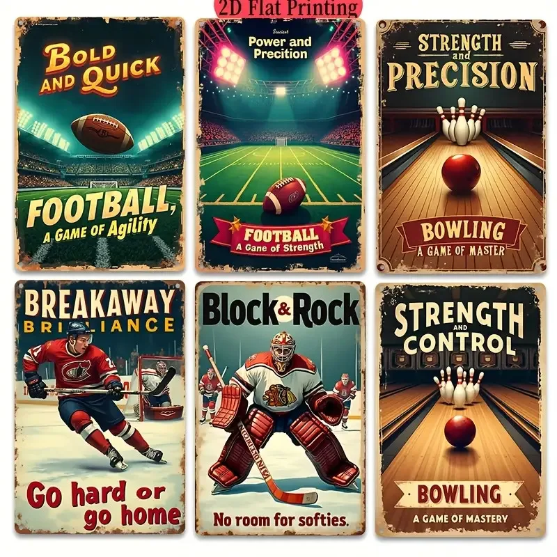 

2D Flat, набор из 6 винтажных спортивных металлических настенных знаков — футбол, боулинг, хоккей, прочность и точность — деревенский гараж, f