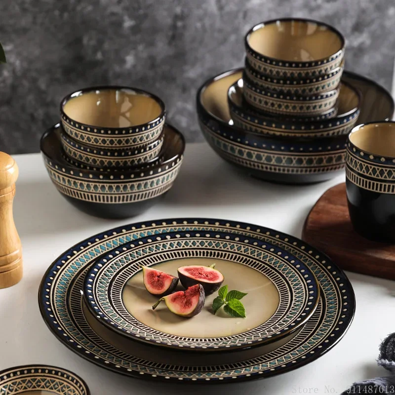 Moroccan Retro Tableware Creative Ceramic Home Kitchen Supplies Soup Rice Bowl Dessert Western Food Plate Steak Dinner Plate 1Pc