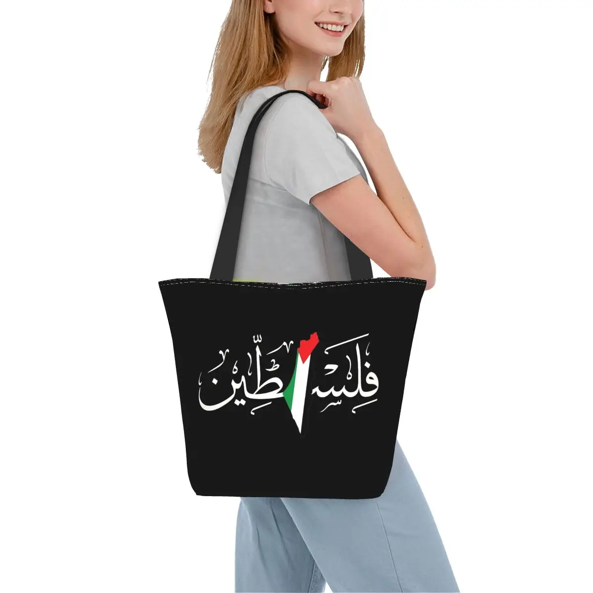 Women Tote Bags Arabic Palestine Flag Map Merchandise Top Handle Bags Zipper Opening Large Capacity Street Palestinian Handbag